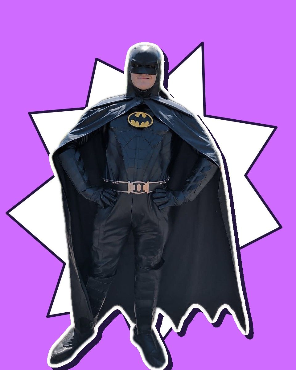 A performer as the Batman-inspired Bat Hero, one of our birthday party characters