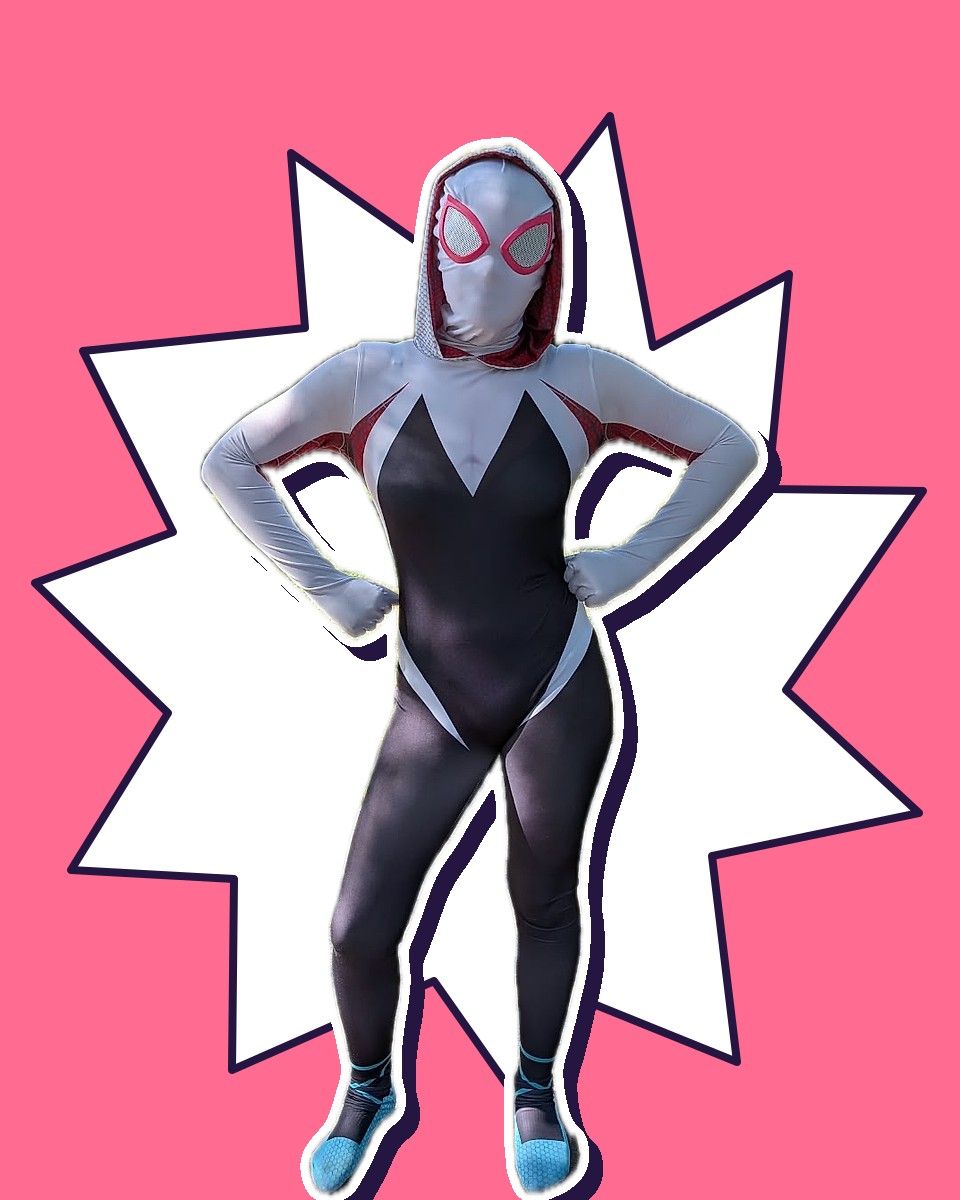 A performer as the Spider-Gwen-inspired Hooded Web Hero, one of our birthday party characters