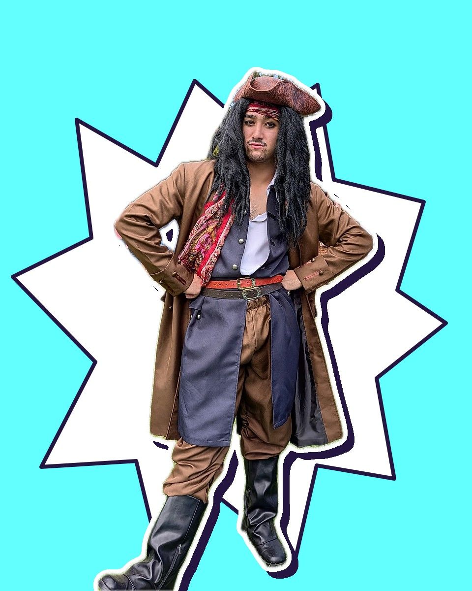 A performer as the Jack Sparrow-inspired Pirate Captain, one of our birthday party characters