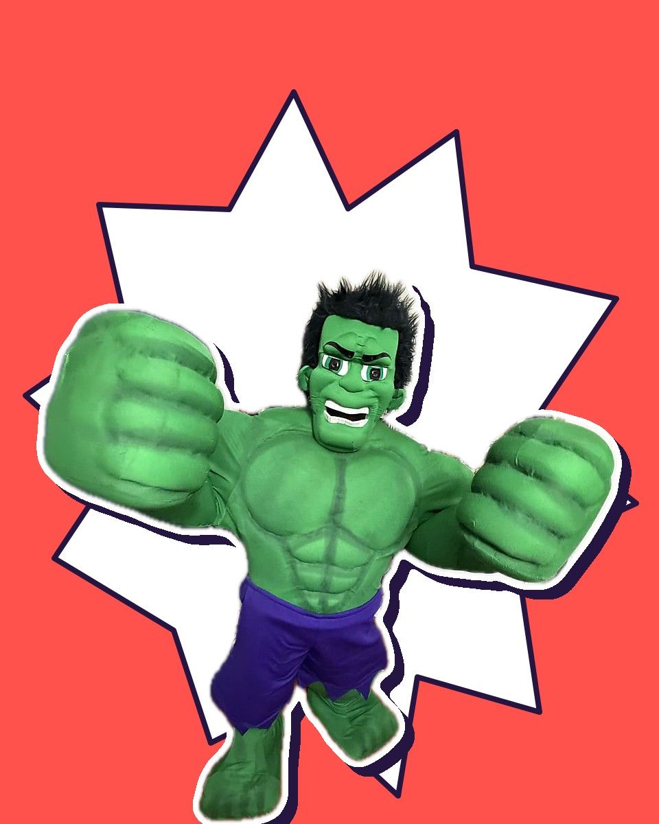 A performer as the Hulk-inspired Smash Hero, one of our birthday party characters