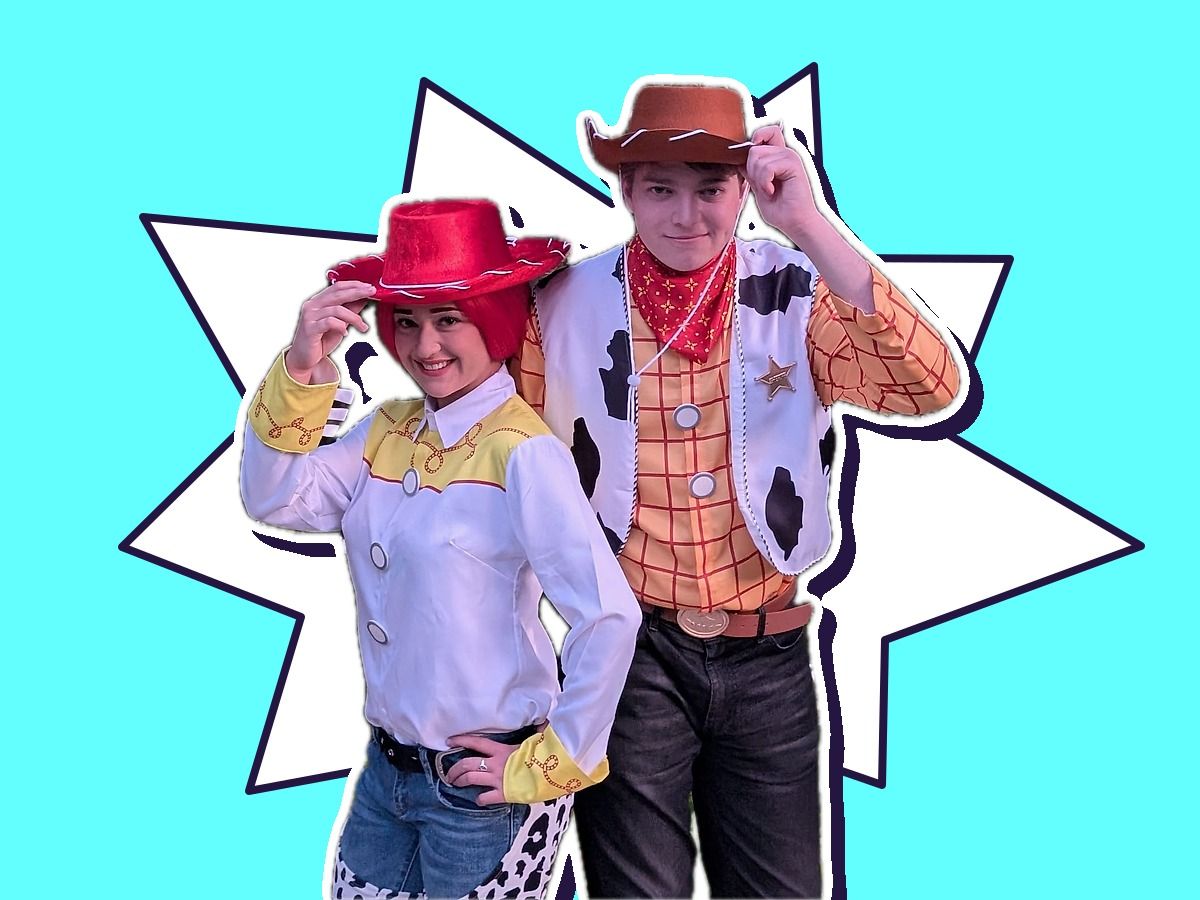 Performers as Woody- and Jessie-inspired cowboy and cowgirl characters